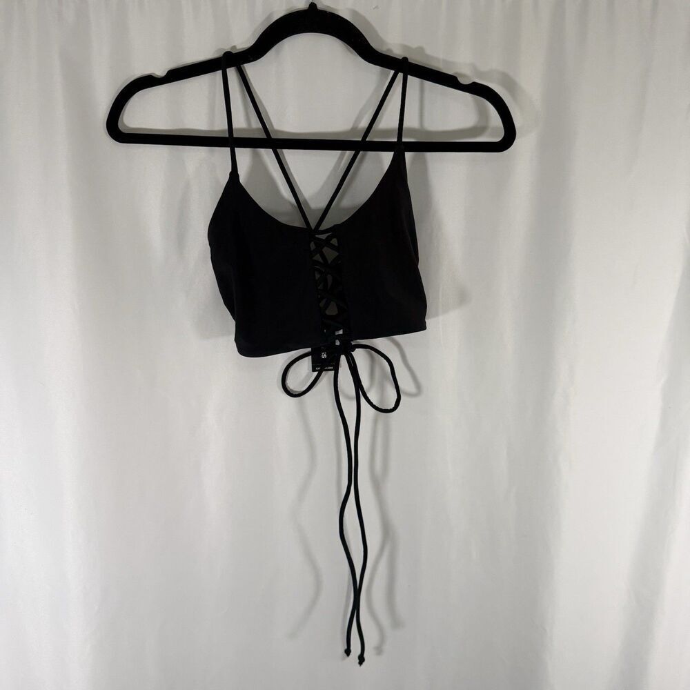 New Express Swim Top Women's Medium Solid Black Strappy Tie Back Nylon Blend
